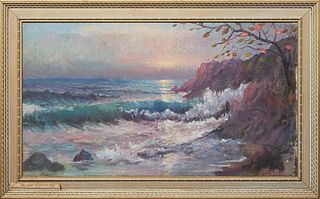 Nestor Fruge (1916-2012, Louisiana), "Acapulco Beach," 20th c., oil on canvas, signed lower right, collection label on lower left of frame, with E. L.