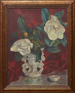 Nell Pomeroy O'Brien (1899-1966, New Orleans), "Still Life of Magnolias," 20th c., oil on canvas, laid to board, presented in a wood frame, H.- 19 3/4