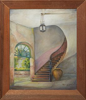 Mary Louise Moore (Louisiana), "New Orleans Courtyard & Staircase," 1952, oil on canvas, signed and dated lower right, presented in a wood frame, H.- 