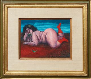 Noel Rockmore (1928-1995, New Orleans), "Nude with Red Socks," 1981, oil on board, signed and dated lower left, presented in a gilt frame, H.- 7 1/2 i
