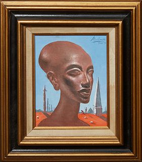 Noel Rockmore (1928-1995, New Orleans), "Pharaoh Ikhnaton," 1990, acrylic on canvas board, signed and dated upper left, presented in a gilt wood and e