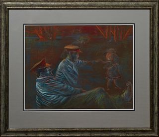 Noel Rockmore (1928-1995, New Orleans), "Three Figures in a Park," 1988, chalk pastel on paper, signed and dated lower right, presented in a frame, H.