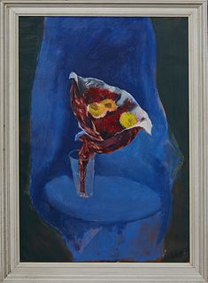 Gladys Rockmore Davis (1901-1967, New York/Canada), "Flowers in Glass with Blue Drape," 20th c., oil on canvas, initialed "G.R.D" lower right, titled 