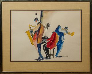 Leo Meiersdorff (1934-1994, German/American), "Jazz Trio," 20th c., watercolor and ink on paper, signed lower right, Liberty Gallery label and artist 