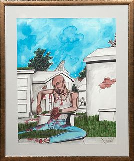 Roy Ferdinand (1959-2004, New Orleans), "Wounded Man in New Orleans Cemetery," 20th c., mixed media on paper, signed lower right, presented in a brush