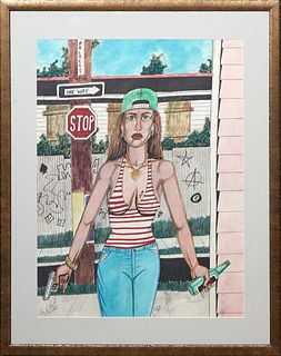 Roy Ferdinand (1959-2004, New Orleans), "Young Woman with Gun and Beer on Palace Ct.," 20th c., mixed media on paper, signed lower left, presented in 