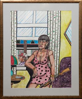 Roy Ferdinand (1959-2004, New Orleans), "Woman with a Shotgun," 20th c., mixed media on paper, signed lower left, presented in a gilt frame, H.- 27 in