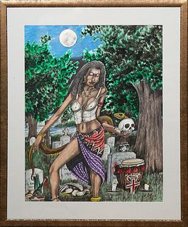 Roy Ferdinand (1959-2004, New Orleans), "Voodoo Priestess in a Cemetery," 20th c., mixed media on paper, unsigned, presented in a gilt frame, H.- 27 i