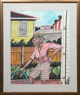 Roy Ferdinand (1959-2004, New Orleans), "Old Woman Gardening," 20th c., mixed media on paper, signed lower left, presented in a gilt frame, H.- 27 1/4