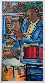 Larry Nevil (1942-, Louisiana), "Outdoor Drummer," 2005, acrylic on canvas, signed and dated lower right, presented in a painted wood frame, H.- 26 1/