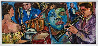 Larry Neville (New Orleans), "Jazz Club, New Orleans," 2007, acrylic on canvas, signed and dated lower right, presented in a white frame, H.- 11 3/8 i