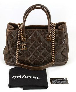 Chanel Dark Brown Calf Leather Caviar Quilted Logo Chair Shoulder Tote, c. 2012, with double rolled leather handles and gold brushed hardware, the int