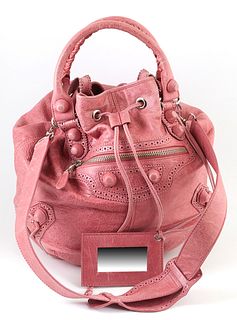 Balenciaga Pink Distressed Leather Giant Covered Pompon Shoulder Bag, the exterior with silver hardware and a side zip compartment, the top opening to