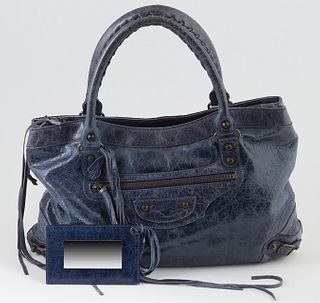 Balenciaga Dark Blue Distressed Leather Chevre Purse Shoulder Bag, the exterior with aged brass hardware and a front zip compartment with a long leath