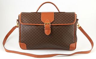 Celine Brown Macadam Coated Canvas Flap Briefcase, the light brown leather strap, handle and accents with golden brass hardware, opening to a light br