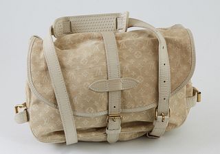 Louis Vuitton Ivory Monogram Idylle 25 Saumur Shoulder Bag, the exterior of the messenger bag with a double sided flap with white leather straps and t