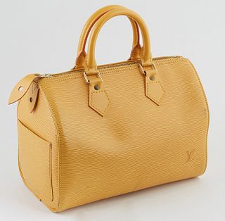 Louis Vuitton Yellow Epi Leather 25 Speedy Handbag, with golden brass hardware, opening to a yellow suede interior with small purple suede pocket and 