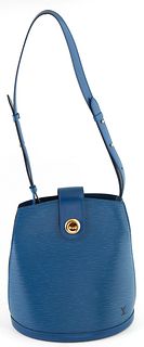 Louis Vuitton Blue Epi Cluny Shoulder Bag, with a golden brass circular clasp and flap, opening to a large blue suede interior with open pocket and ke