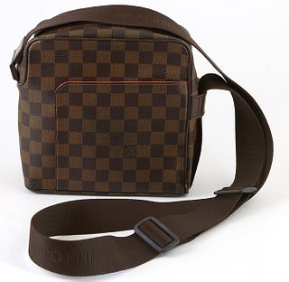 Louis Vuitton Brown Coated Canvas Damier Ebene PM Olave Shoulder Bag, the adjustable straps with exterior open pocket and brass accents, opening to an