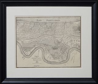 Map of New Orleans "Diagram Showing the Inundated District Sauve's Crevasse, May 3, 1849," 19th c., print, presented in an ebonized frame with a beade