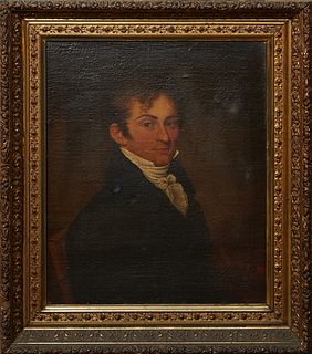 American School, "Portrait of a Young Gentleman," 19th c., oil on canvas, unsigned, presented in a relief frame, H.- 26 1/4 in., W.- 21 3/4 in., Frame