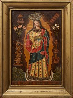 Cuzco School Style, "Crowned Madonna," 19th c., in a wide gilt frame with a painted name plate at the bottom: "The Descent from the Cross," H.- 22 3/4