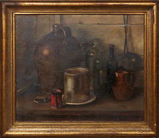 American School, "Still Life of Cans and Bottles," early 20th c., oil on canvas, unsigned, presented in a gilt frame, H.- 20 in., W.- 24 in., Framed H