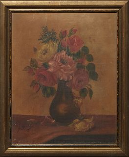 American School, "Still Life of Roses," early 20th c., oil on canvas, signed illegibly lower left, with E. L. Borenstein Collection paperwork attached