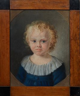 American School, "Portrait of a Young Boy," 19th c., chalk pastel on animal skin, unsigned, presented in a wood frame, H.- 15 in., W.- 11 3/4 in., Fra