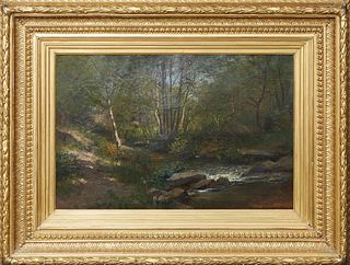 HR Blaumell (English), "Stream in the Woods," 19th c., oil on canvas, signed lower right, partial labels en verso, presented in a gilt wood frame, H.-