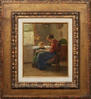 Charles Paul Gruppe (1860-1940, Canada), "Learning to Read," early 20th c., oil on canvas, signed lower left, possible artist label en verso, presente