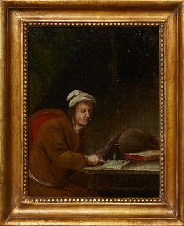 Flemish School, "Scholar in His Study," late 18th c., oil on panel, unsigned, label en verso, presented in a gilt relief frame, H.- 11 1/2 in., W.- 8 