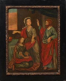 Continental School, "Jesus at the Home of Martha and Mary," 19th c., oil on board, unsigned, W.- 15 1/2 in., Framed H.- 26 7/8 in., W.- 21 1/8 in.