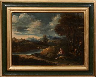 Continental School, "Holy Family by the River," 18th c., oil on board, unsigned, presented in green and gilt frame, H.- 12 1/2 in., W.- 16 7/8 in., Fr