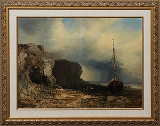 After Thomas Moran (1837-1926, American), "Ship at Low Tide," 1855, oil on canvas mounted to board, signed and dated lower left, presented in a gilt f