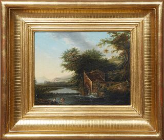 Continental School, "Boy and Girl Washing Clothes in River," 19th c., oil on canvas, unsigned, presented in a gilt frame, H.- 7 3/4 in., W.- 10 in., F