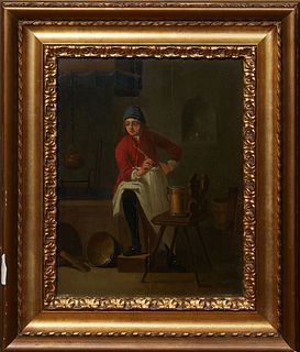 Flemish School, "Bar Keep," 18th c., oil on board, unsigned, presented in a gilt relief frame, H.- 12 in., W.- 9 1/4 in., Framed H.- 17 1/4 in., W.- 1