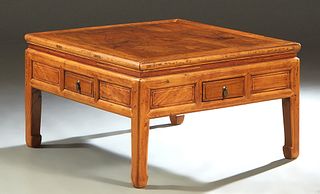 Chinese Hongmu and Cherry Coffee Table, c. 1900, the square top over a skirt with a center drawer on each side, on square legs, H.- 20 in., W.- 33 1/2
