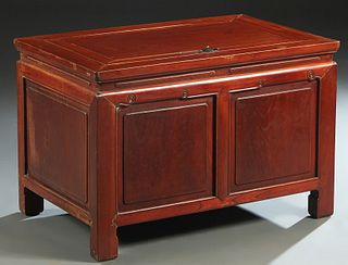 Chinese Carved Elm Coin Chest. 19th c., the lifting lid over fielded panel sides, on block legs, H.- 21 3/4 in., W.- 32 1/2 in., D.- 21 in.