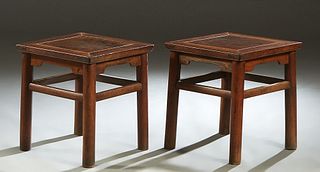 Rare Pair of Chinese Carved Elm Square Stools, 19th c., Shanxi province, the square top over bracket skirts, on cylindrical legs joined by rounded rec