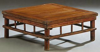 Chinese Carved Elm Kang Square Low Table, Qing dynasty, 19th c., H- 11 1/2 in., W.- 27 in., D.- 27 in.