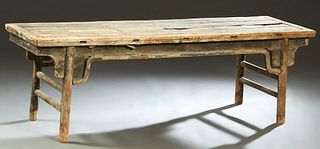 Very Rare Chinese Ming Style Softwood Table or Daybed, 16th c., the four board top over a pierced skirt, on cylindrical legs joined by cylindrical str