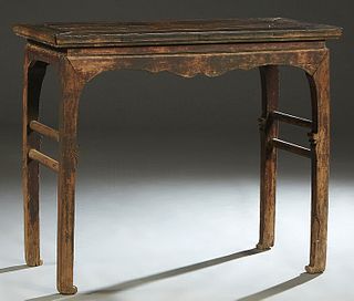 Rare Chinese Carved Elm Side Table, 18th c., the stepped top over a scalloped skirt, on square tapering legs joined by cylindrical stretchers, H.- 33 