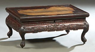 Chinese Mixed Wood Low Chest, 19th c., the hinged rectangular top opening to storage, above a bamboo skirt with relief carving, on cabriole legs, H.- 