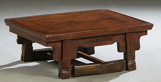 Unusual Chinese Carved Elm Ming Style Folding Low Table, 19th c., the dished top over a small frieze drawer, on square folding legs joined by square s