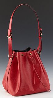 Louis Vuitton Noe PM Shoulder Bag, in a red epi calf leather, with red leather straps and golden brass hardware, opening to a black lined interior, H.