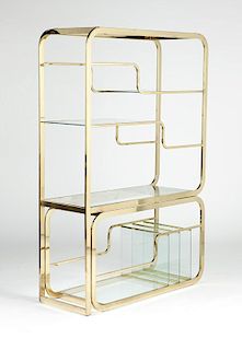 A Milo Baughman brass and glass shelf etagere