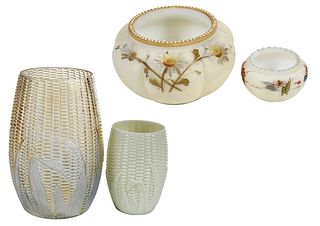 Four Libbey Glass Corn Vases and Enameled Bowls