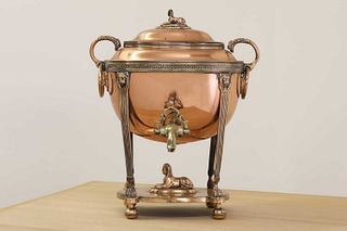 A Regency Egyptian Revival copper and brass samovar,