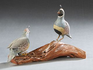 Roy Shehorn (1893-1962, Arizona), "Gambel's Quail, Male and Female," 20th c., carved and painted wood sculpture, on a tree branch, titled and signed o